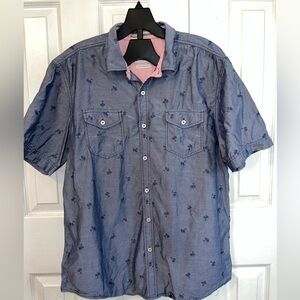 NWOT Tommy Bahama Men's Blue Chambray Short Sleeve Shirt with Palm Trees